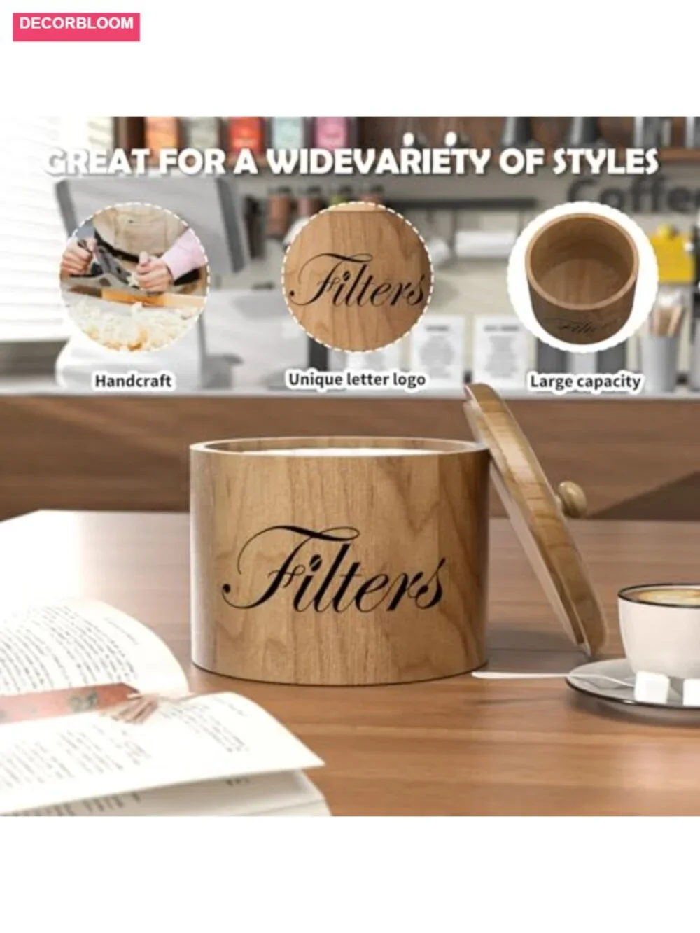 Wooden Coffee Filter Holder with Lid, Rustic Coffee Bar Storage Container,